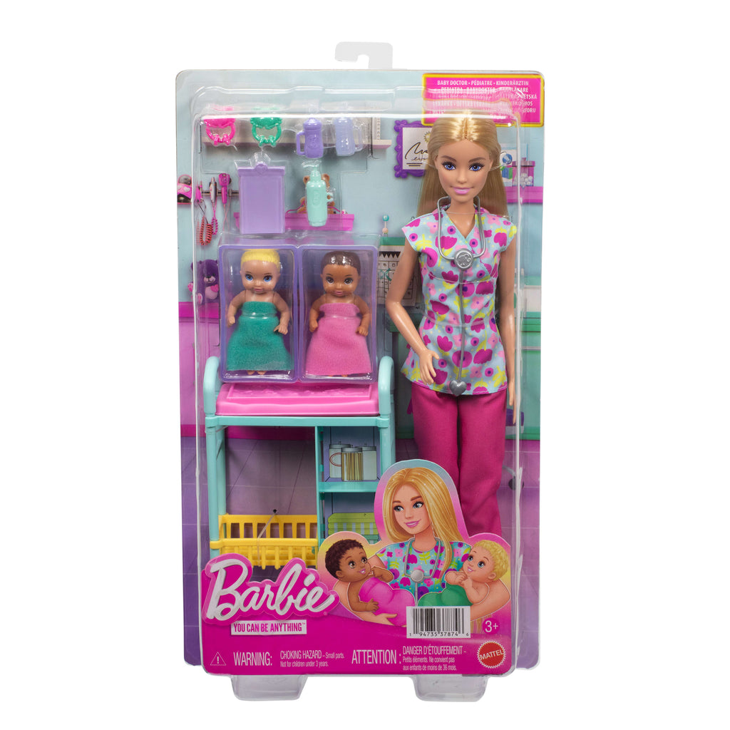 Barbie Kariyer Bebekleri çocuk doktoru oyun seti ve sarışın bebek, 2 bebek figürü, muayene masası ve aksesuarlar