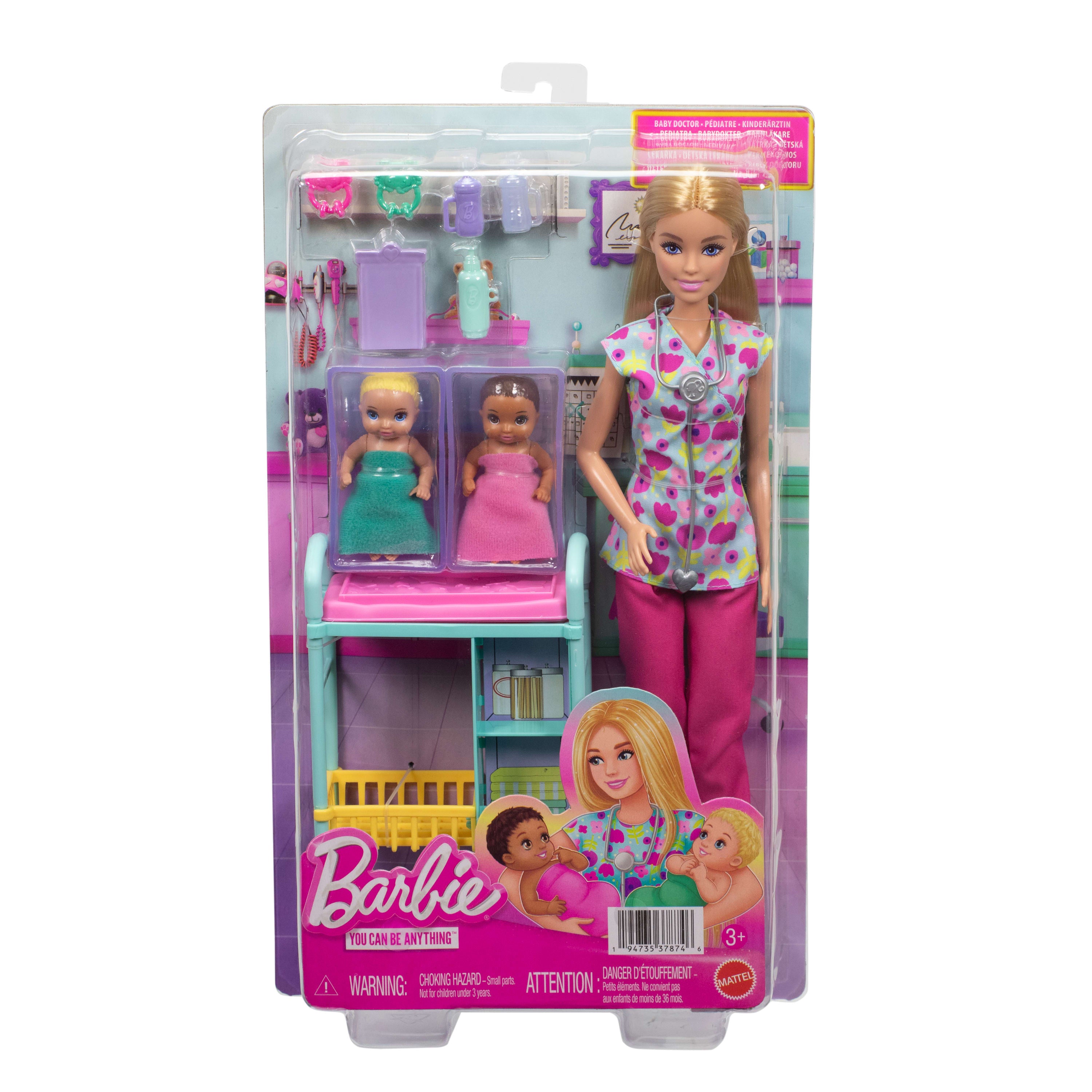 Barbie Kariyer Bebekleri çocuk doktoru oyun seti ve sarışın bebek, 2 bebek figürü, muayene masası ve aksesuarlar