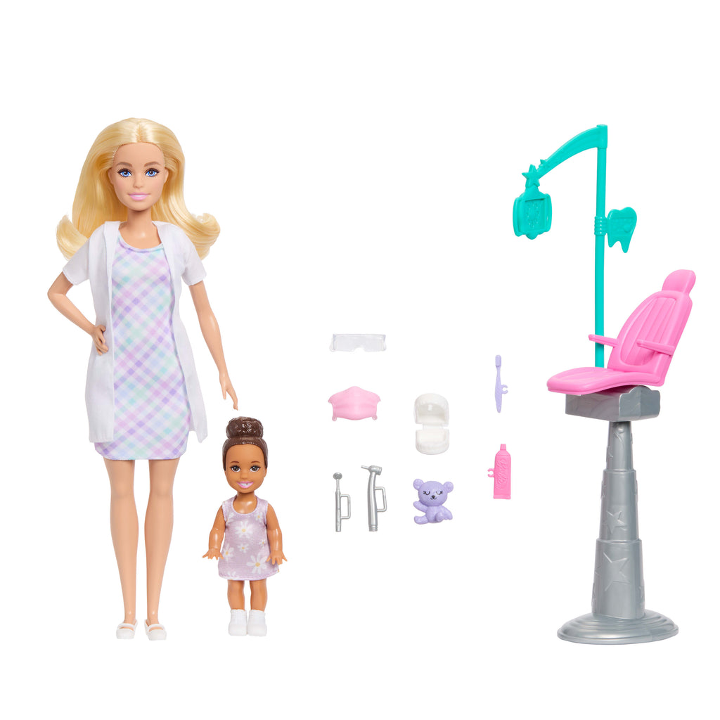 Barbie Kariyer Bebekleri diş hekimi oyun seti ve sarışın bebek, küçük çocuk figürü, muayene koltuğu ve aksesuarlar