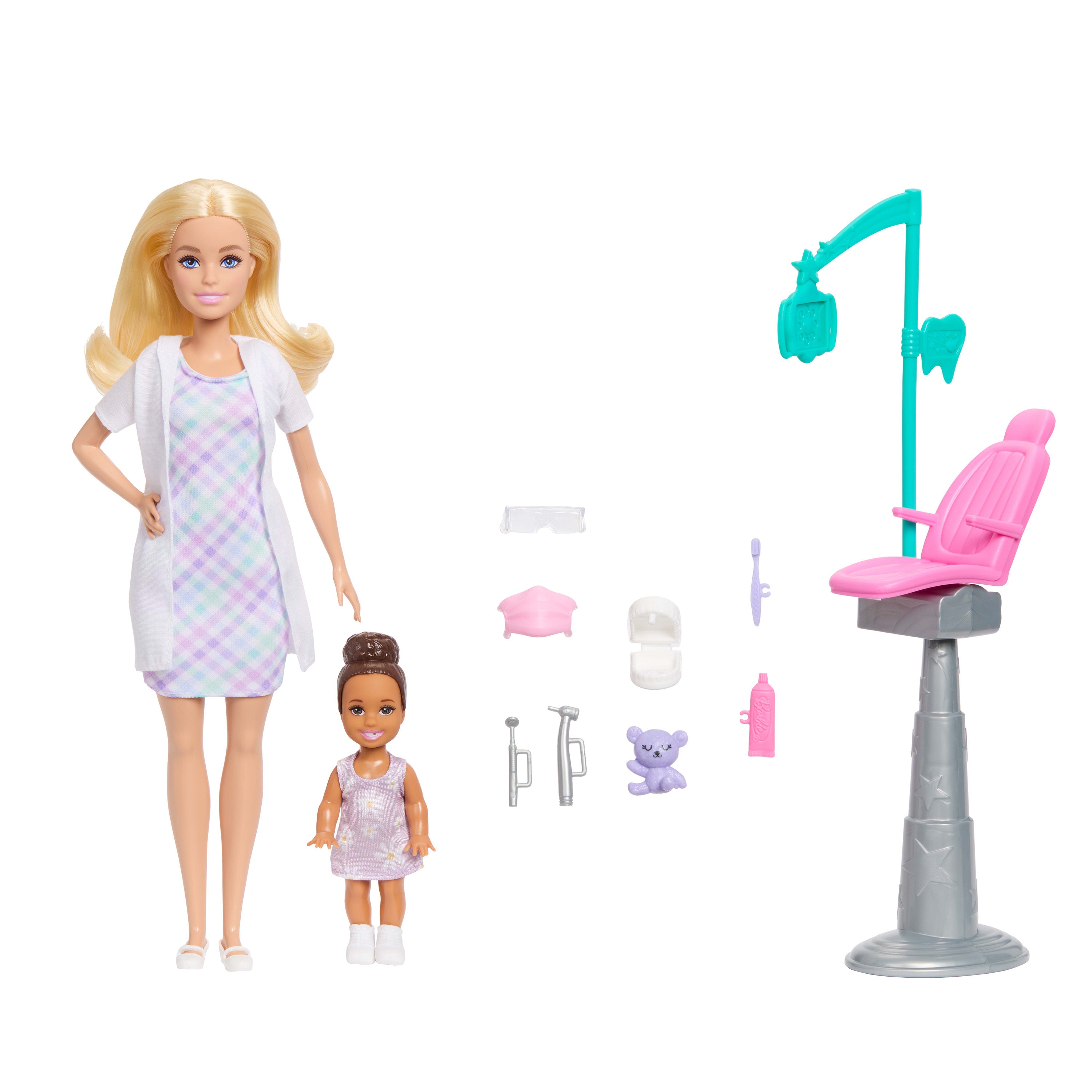 Barbie Kariyer Bebekleri diş hekimi oyun seti ve sarışın bebek, küçük çocuk figürü, muayene koltuğu ve aksesuarlar