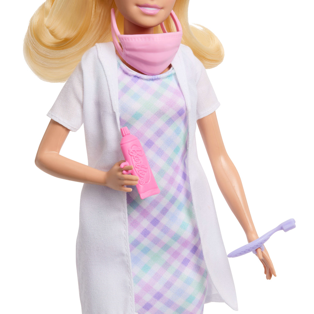 Barbie Kariyer Bebekleri diş hekimi oyun seti ve sarışın bebek, küçük çocuk figürü, muayene koltuğu ve aksesuarlar