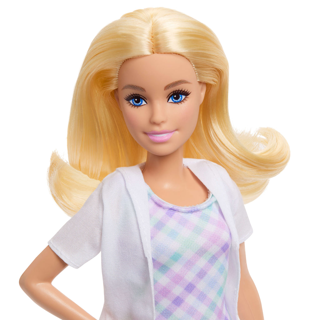 Barbie Kariyer Bebekleri diş hekimi oyun seti ve sarışın bebek, küçük çocuk figürü, muayene koltuğu ve aksesuarlar