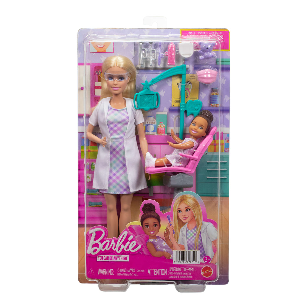 Barbie Kariyer Bebekleri diş hekimi oyun seti ve sarışın bebek, küçük çocuk figürü, muayene koltuğu ve aksesuarlar