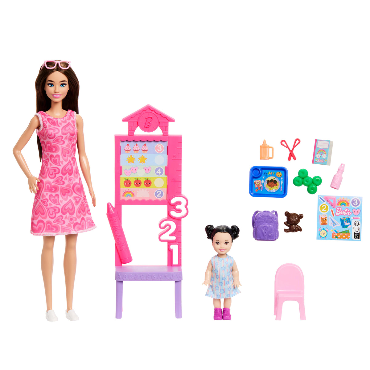 Barbie Kariyer Bebekleri öğretmen oyun seti ve bebek, küçük çocuk figürü, sınıf tahtası ve aksesuarlar
