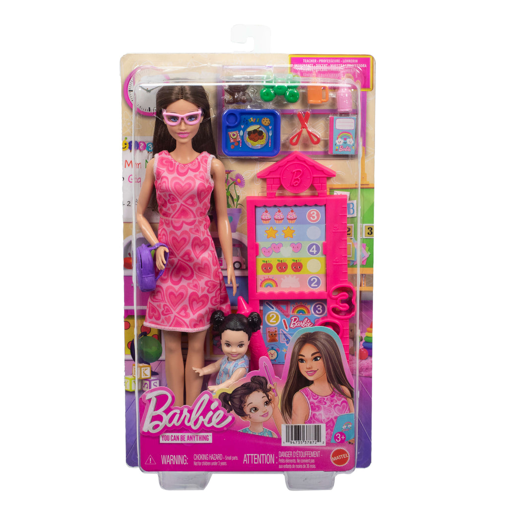 Barbie Kariyer Bebekleri öğretmen oyun seti ve bebek, küçük çocuk figürü, sınıf tahtası ve aksesuarlar