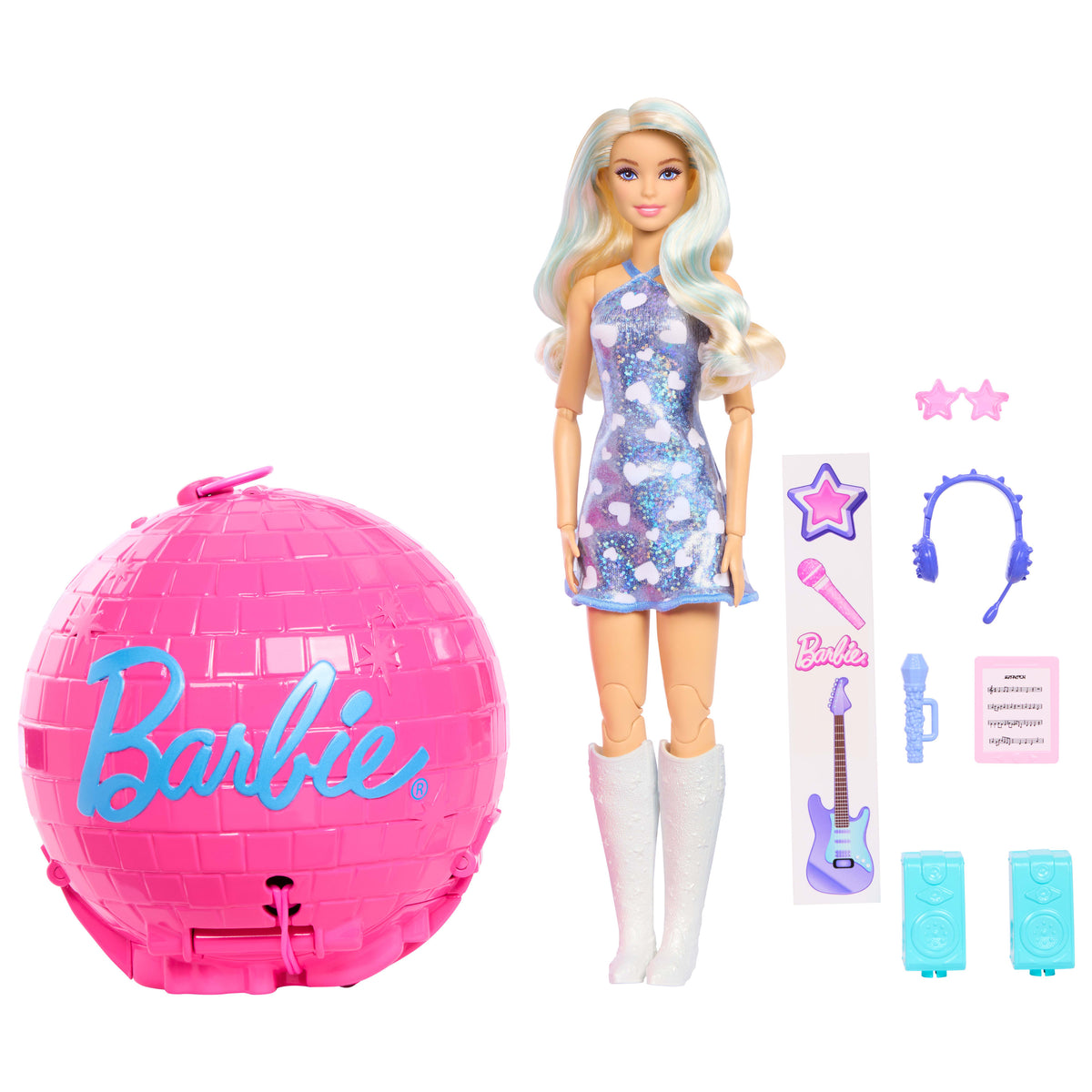 Barbie Team Barbie Roll &amp; Reveal Pop Yıldızı bebek ve aksesuarları, sarışın bebek, 8 sürpriz ve disko topu kılıfı