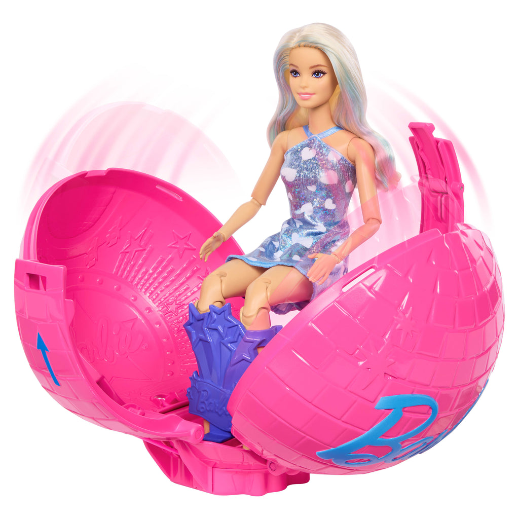 Barbie Team Barbie Roll &amp; Reveal Pop Yıldızı bebek ve aksesuarları, sarışın bebek, 8 sürpriz ve disko topu kılıfı