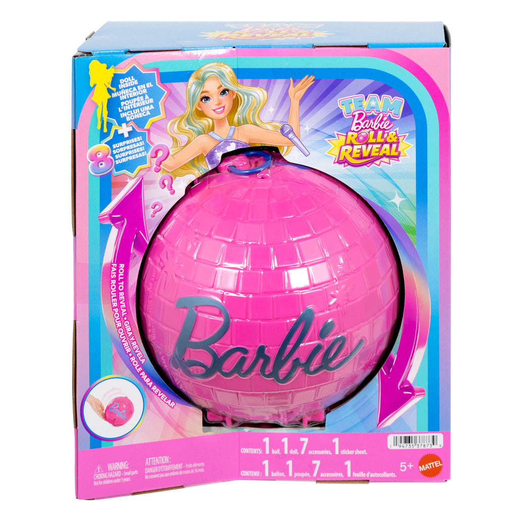 Barbie Team Barbie Roll &amp; Reveal Pop Yıldızı bebek ve aksesuarları, sarışın bebek, 8 sürpriz ve disko topu kılıfı