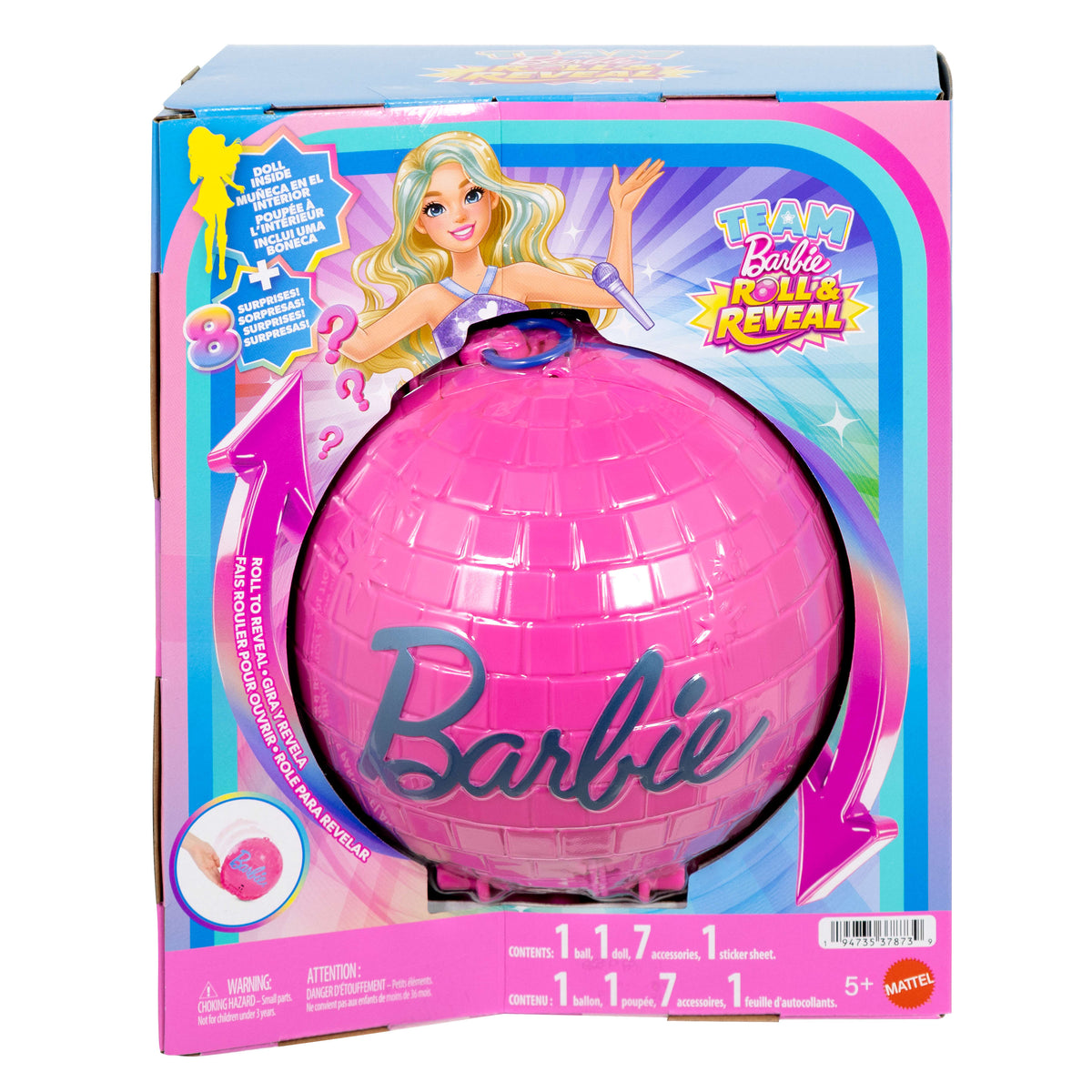 Barbie Team Barbie Roll &amp; Reveal Pop Yıldızı bebek ve aksesuarları, sarışın bebek, 8 sürpriz ve disko topu kılıfı