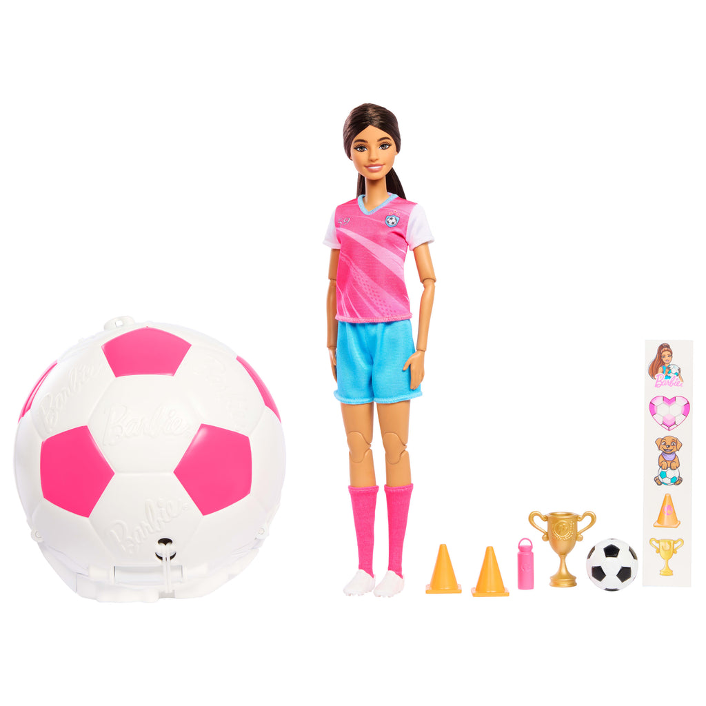 Barbie Team Barbie Roll &amp; Reveal Futbolcu bebek ve aksesuarları, esmer bebek, 8 sürpriz ve futbol topu kılıfı