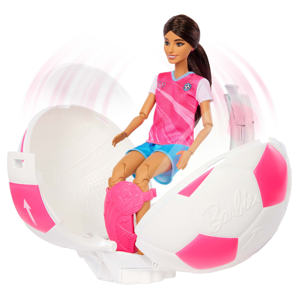 Barbie Team Barbie Roll &amp; Reveal Futbolcu bebek ve aksesuarları, esmer bebek, 8 sürpriz ve futbol topu kılıfı