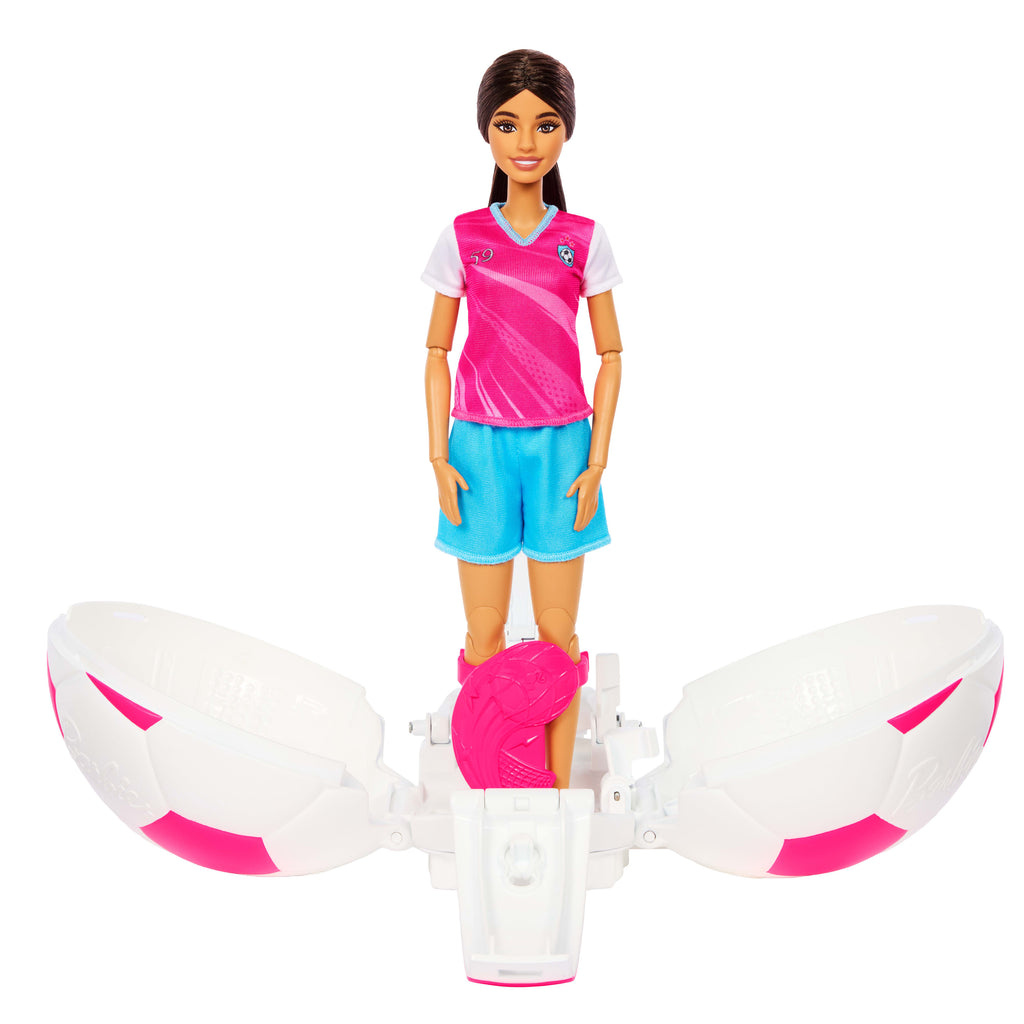 Barbie Team Barbie Roll &amp; Reveal Futbolcu bebek ve aksesuarları, esmer bebek, 8 sürpriz ve futbol topu kılıfı