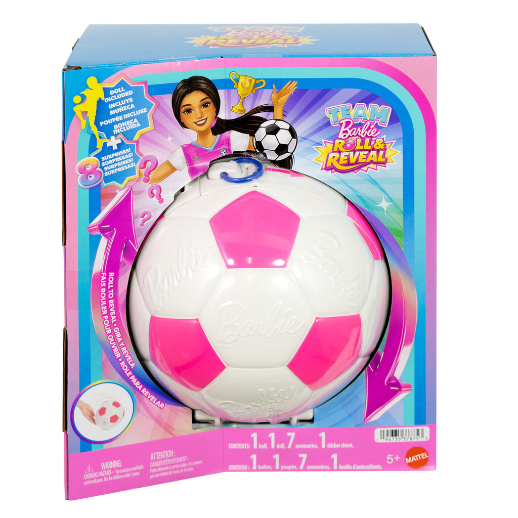 Barbie Team Barbie Roll &amp; Reveal Futbolcu bebek ve aksesuarları, esmer bebek, 8 sürpriz ve futbol topu kılıfı