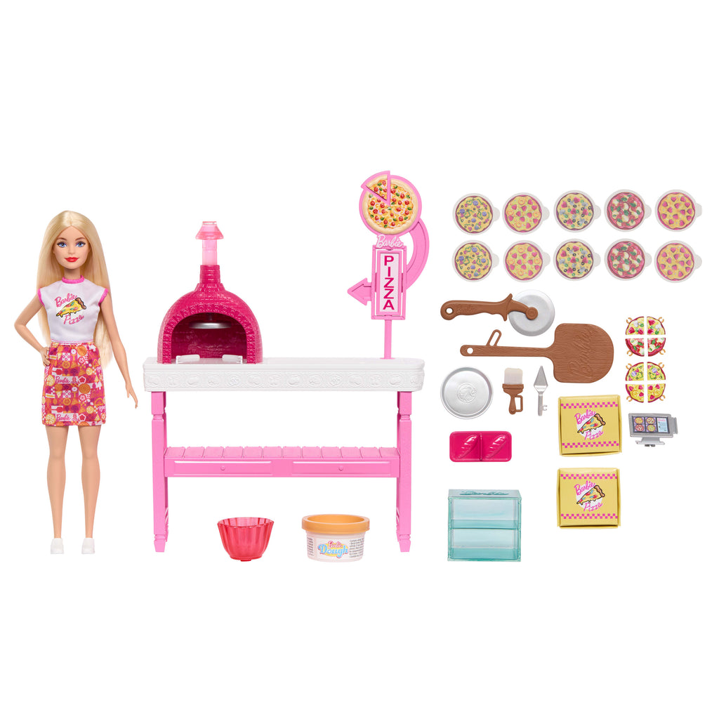 Barbie Pizza Dükkanı oyun seti, sarışın bebek, pizza yapma istasyonu, 25 aksesuar