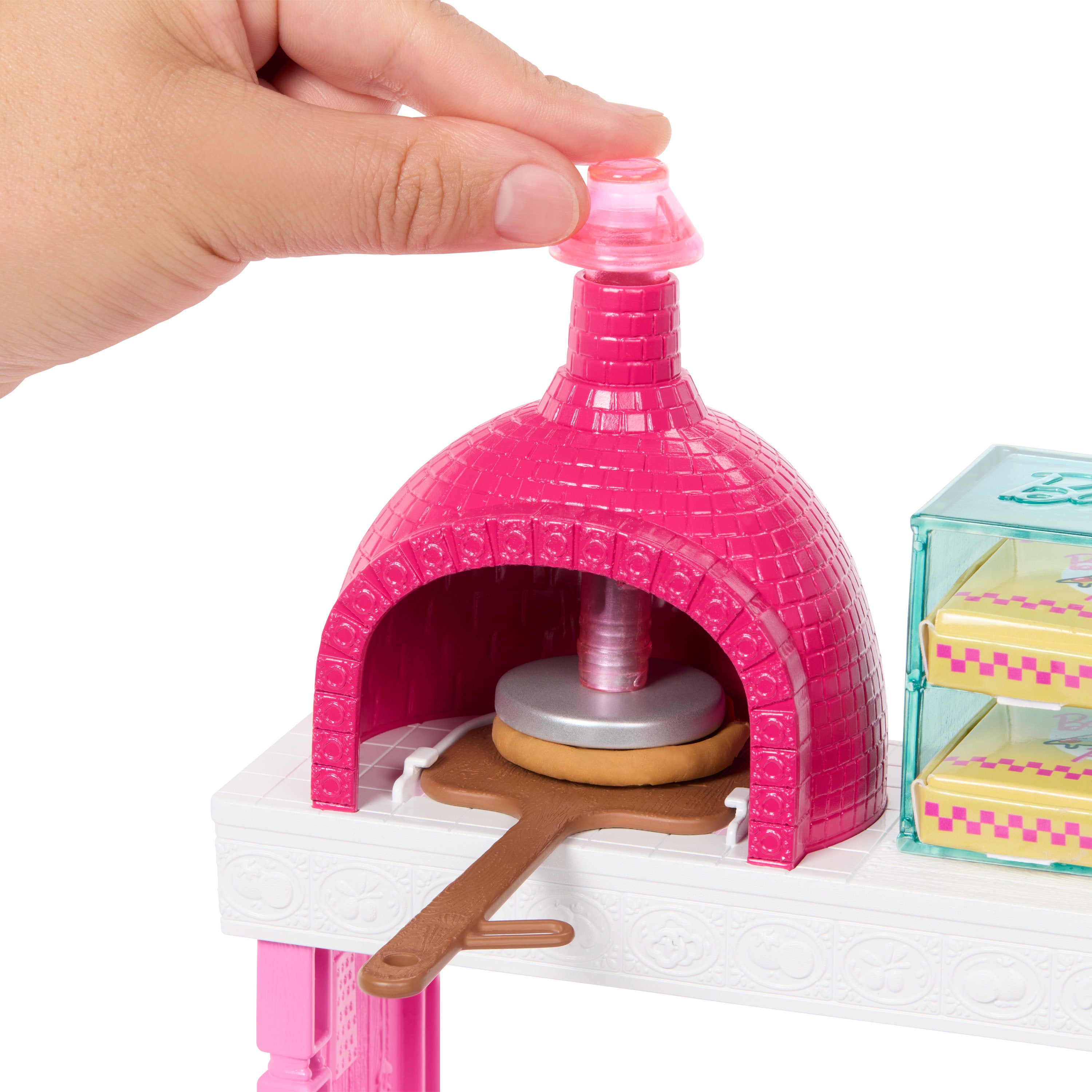 Barbie Pizza Dükkanı oyun seti, sarışın bebek, pizza yapma istasyonu, 25 aksesuar