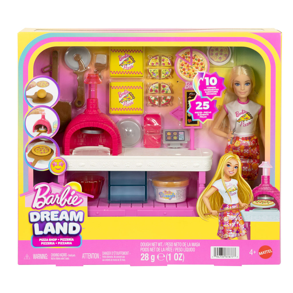 Barbie Pizza Dükkanı oyun seti, sarışın bebek, pizza yapma istasyonu, 25 aksesuar