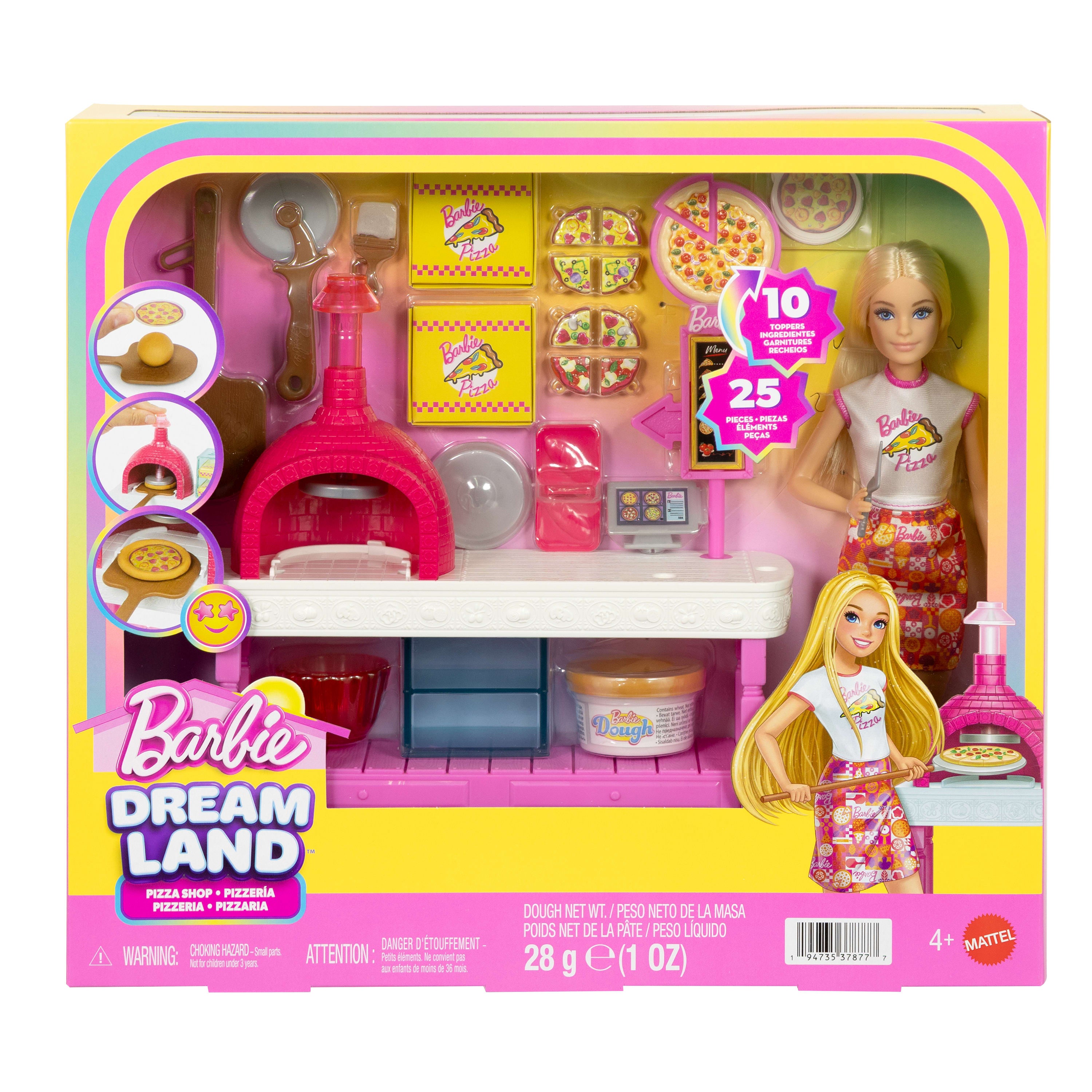 Barbie Pizza Dükkanı oyun seti, sarışın bebek, pizza yapma istasyonu, 25 aksesuar