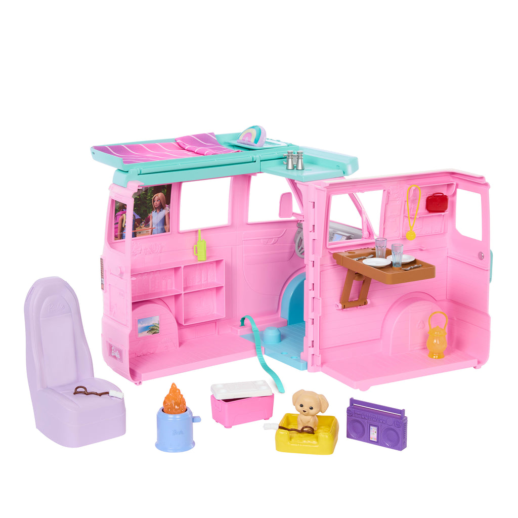 Barbie Rüyalar Ülkesi Yol Macerası Karavan, 4 oyun alanı, 20 aksesuar, marshmallow ve köpek figürü