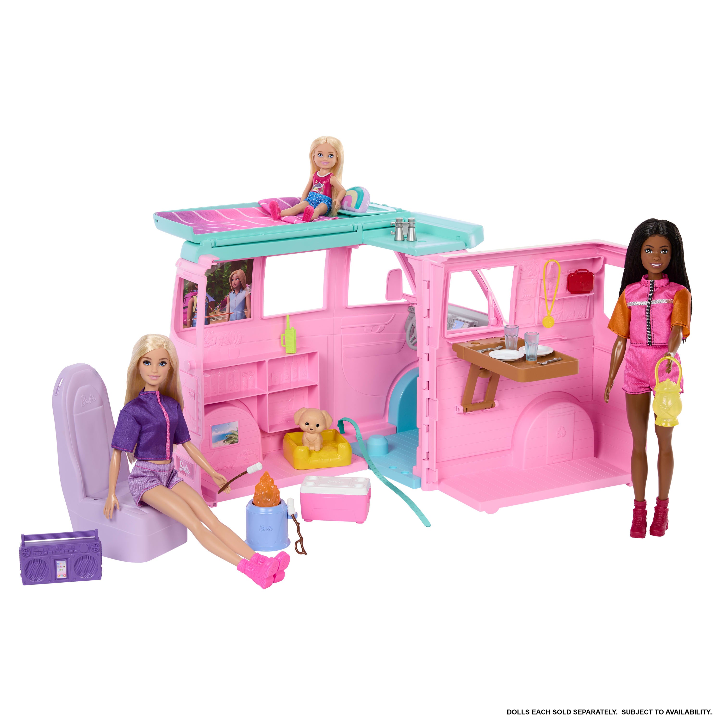 Barbie Rüyalar Ülkesi Yol Macerası Karavan, 4 oyun alanı, 20 aksesuar, marshmallow ve köpek figürü