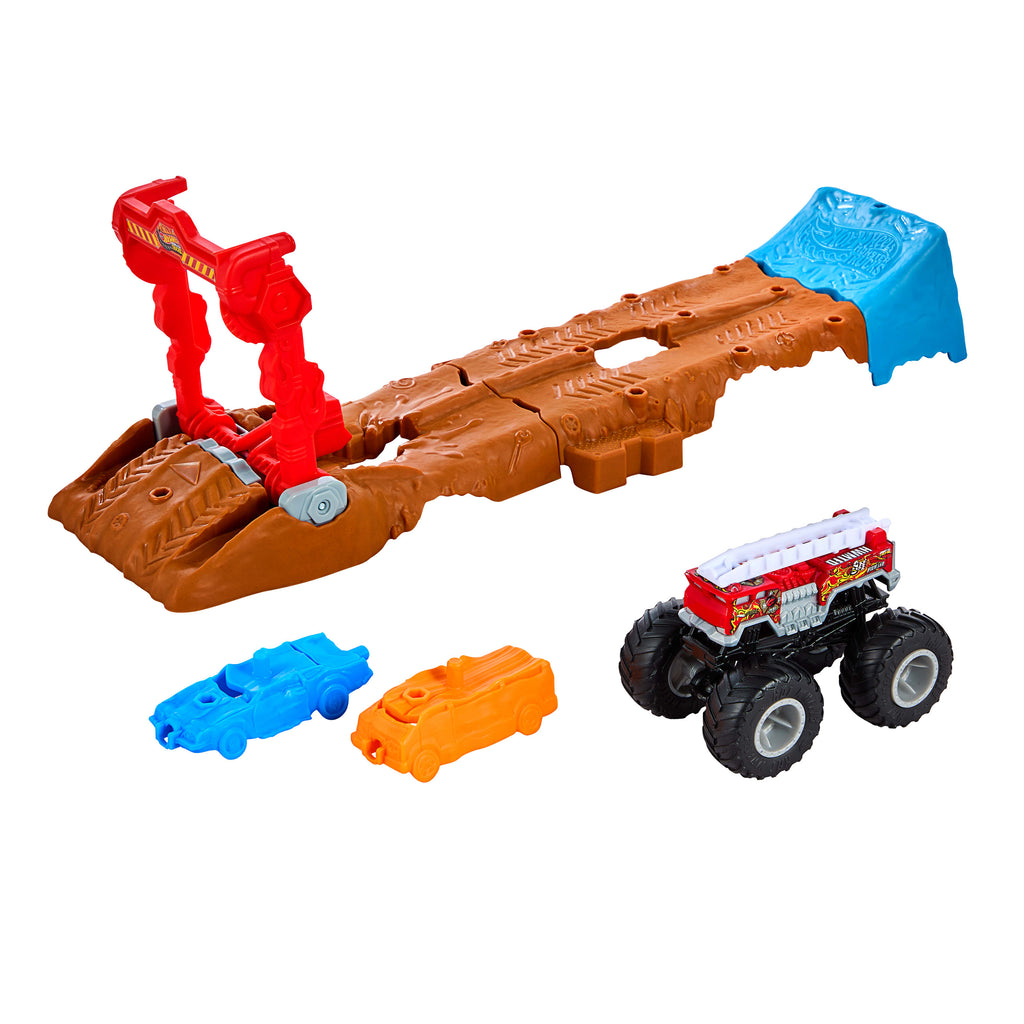 2 oyuncak kamyon ve 2 ezilmiş araba ile 121 cm'lik Hot Wheels Monster Trucks Çift Arazili Yarış Pisti