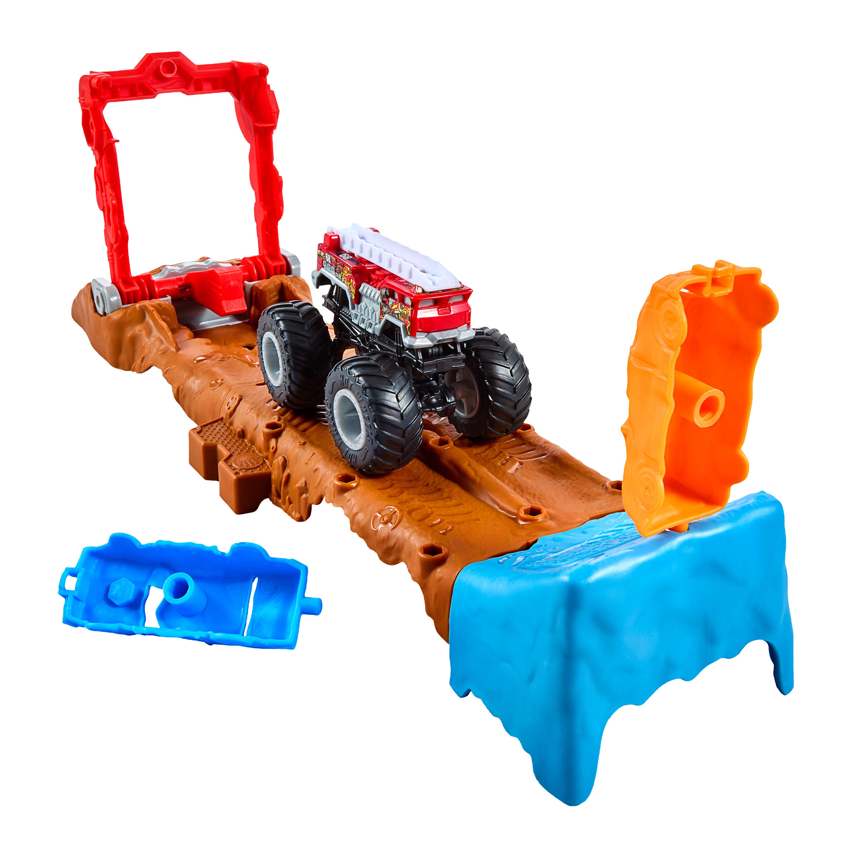 2 oyuncak kamyon ve 2 ezilmiş araba ile 121 cm'lik Hot Wheels Monster Trucks Çift Arazili Yarış Pisti