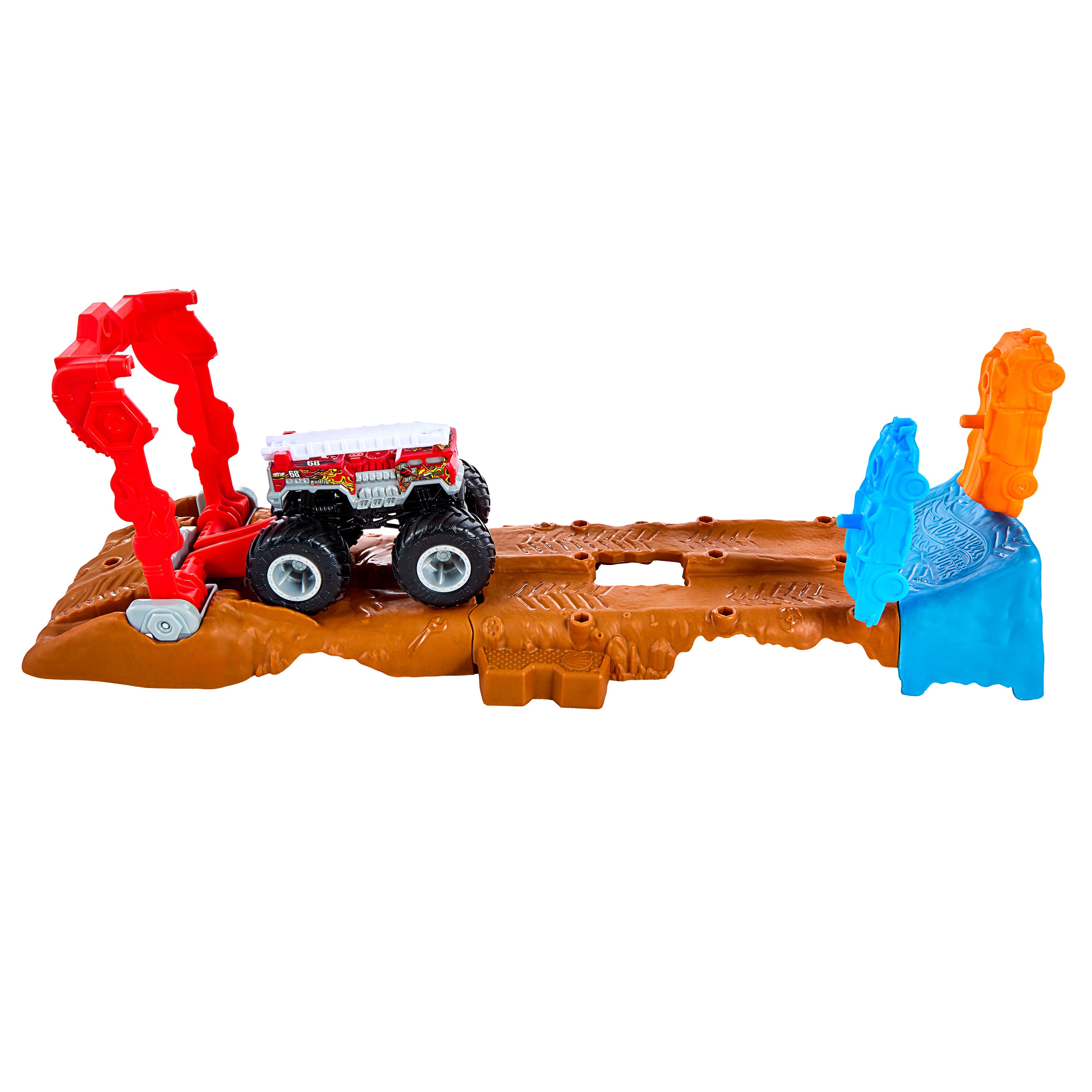 2 oyuncak kamyon ve 2 ezilmiş araba ile 121 cm'lik Hot Wheels Monster Trucks Çift Arazili Yarış Pisti