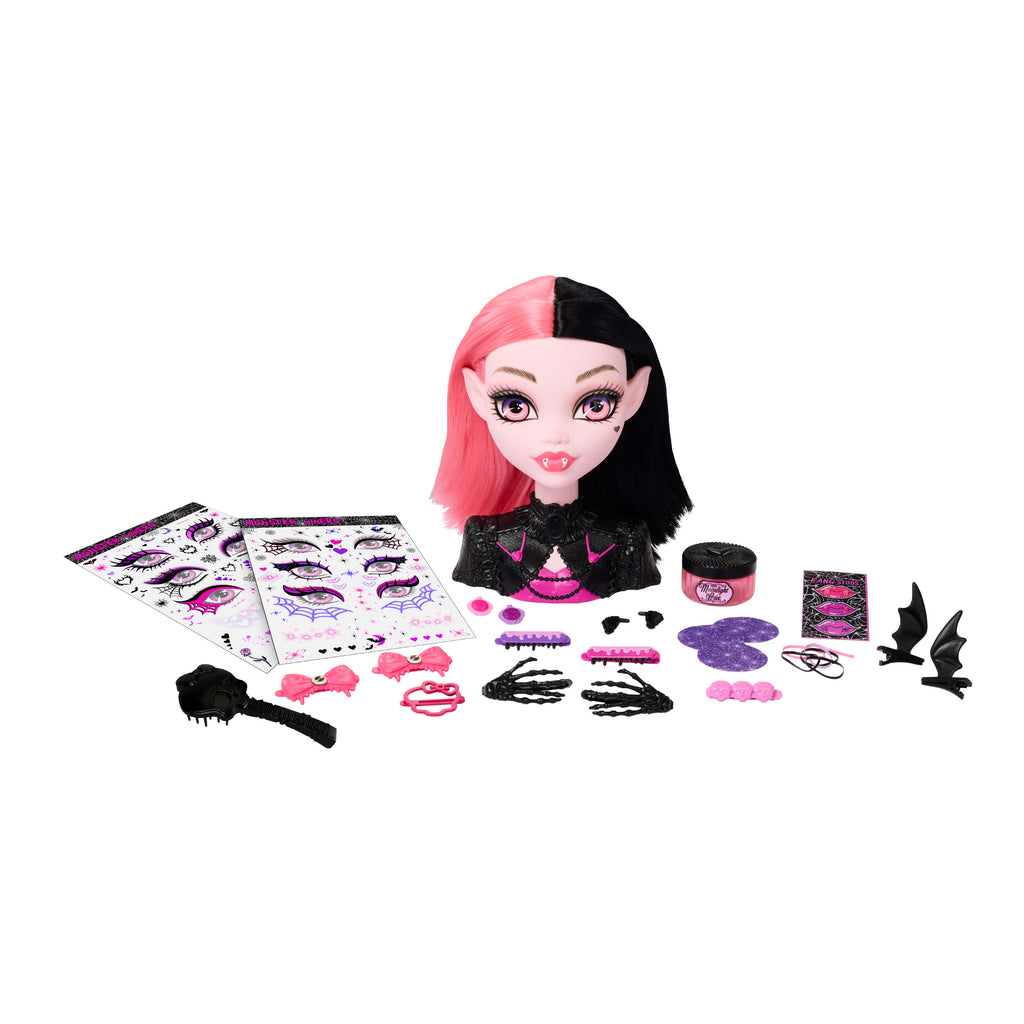 Renk değişimli Monster High Draculaura saç tasarımı büstü ve 25'ten fazla saç ve makyaj aksesuarı