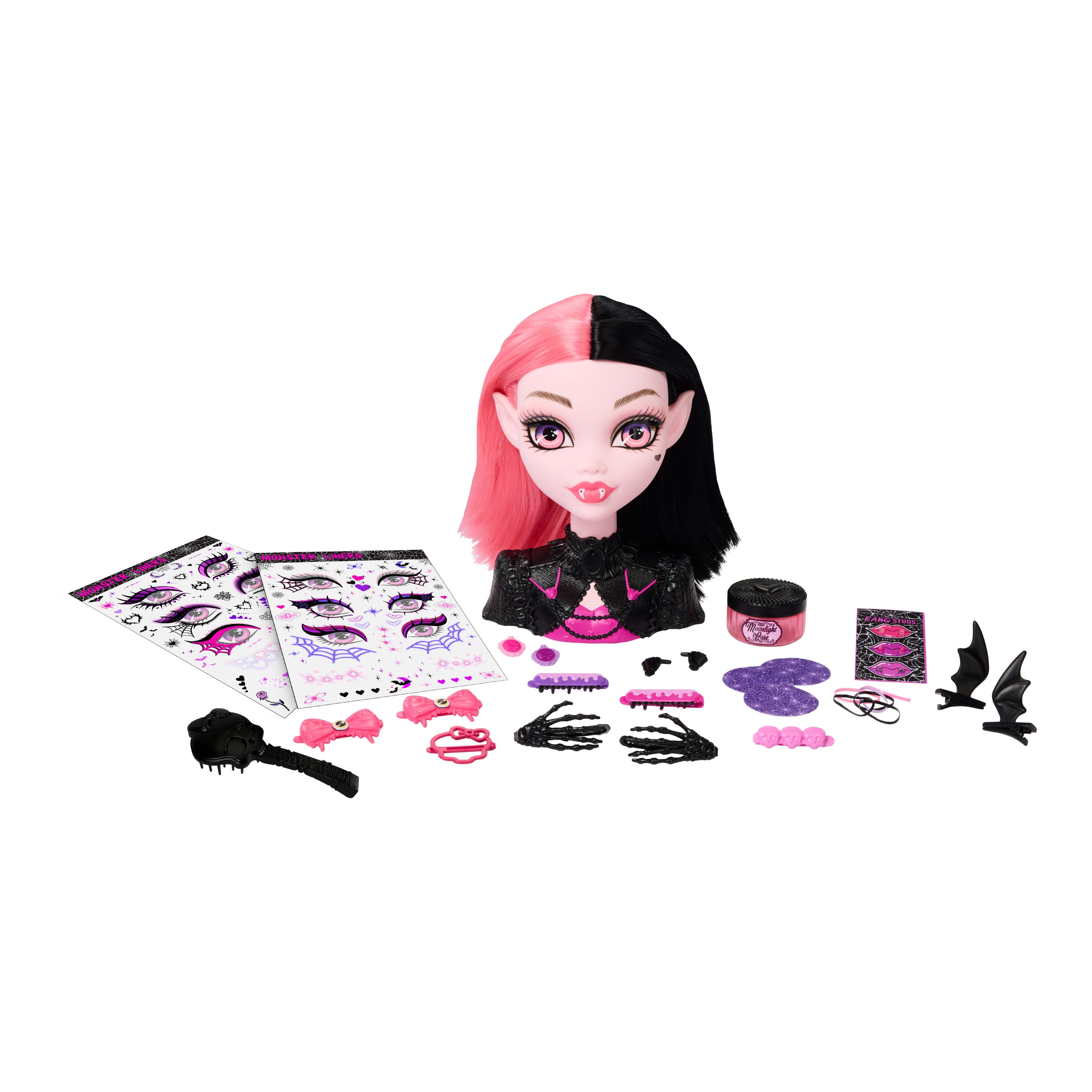 Renk değişimli Monster High Draculaura saç tasarımı büstü ve 25'ten fazla saç ve makyaj aksesuarı