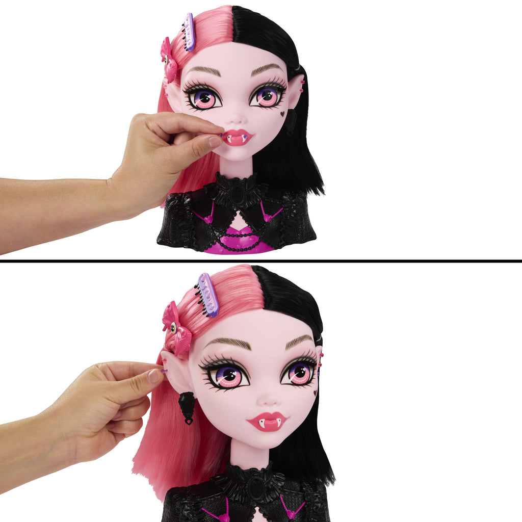 Renk değişimli Monster High Draculaura saç tasarımı büstü ve 25'ten fazla saç ve makyaj aksesuarı