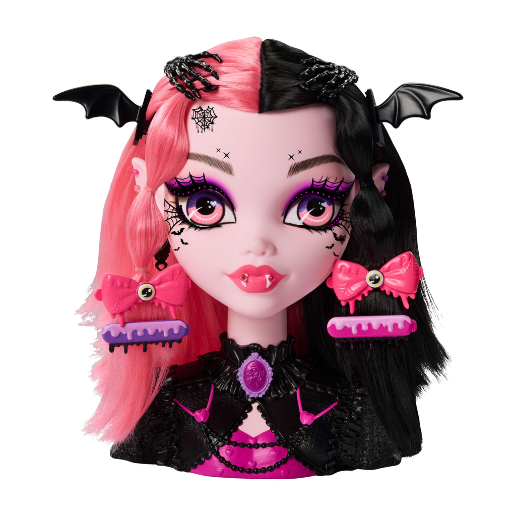 Renk değişimli Monster High Draculaura saç tasarımı büstü ve 25'ten fazla saç ve makyaj aksesuarı