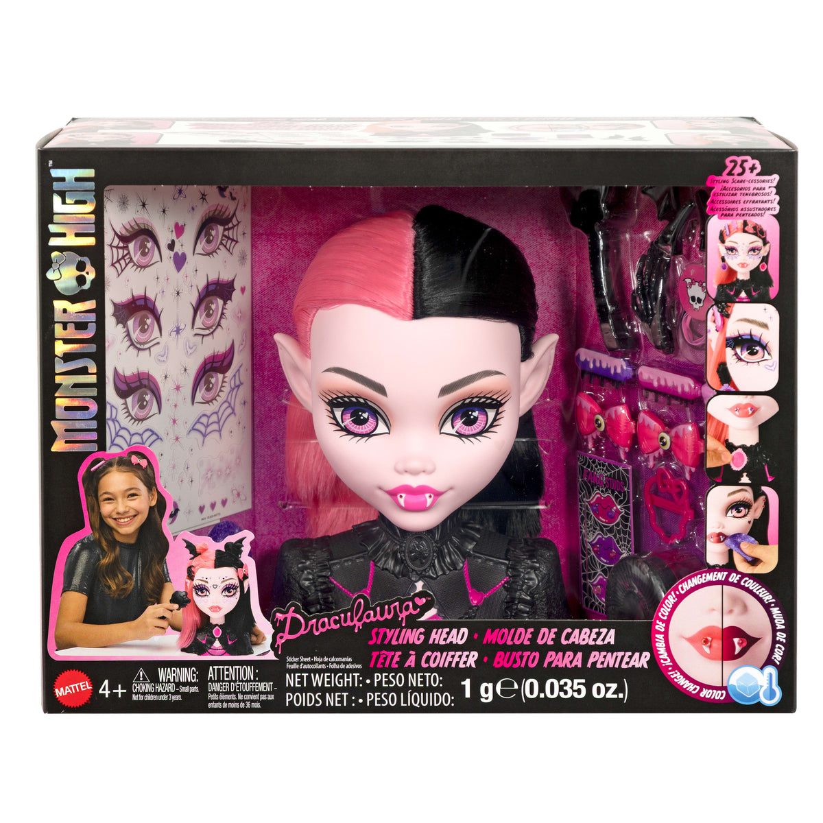 Renk değişimli Monster High Draculaura saç tasarımı büstü ve 25'ten fazla saç ve makyaj aksesuarı