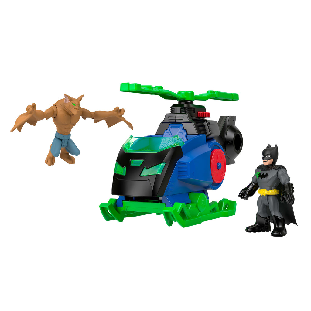 Imaginext DC Super Friends Batcopter ve Man-Bat oyun seti, Batman, Man-Bat, fırlatılabilir disk (Stiller çeşitlilik gösterebilir)