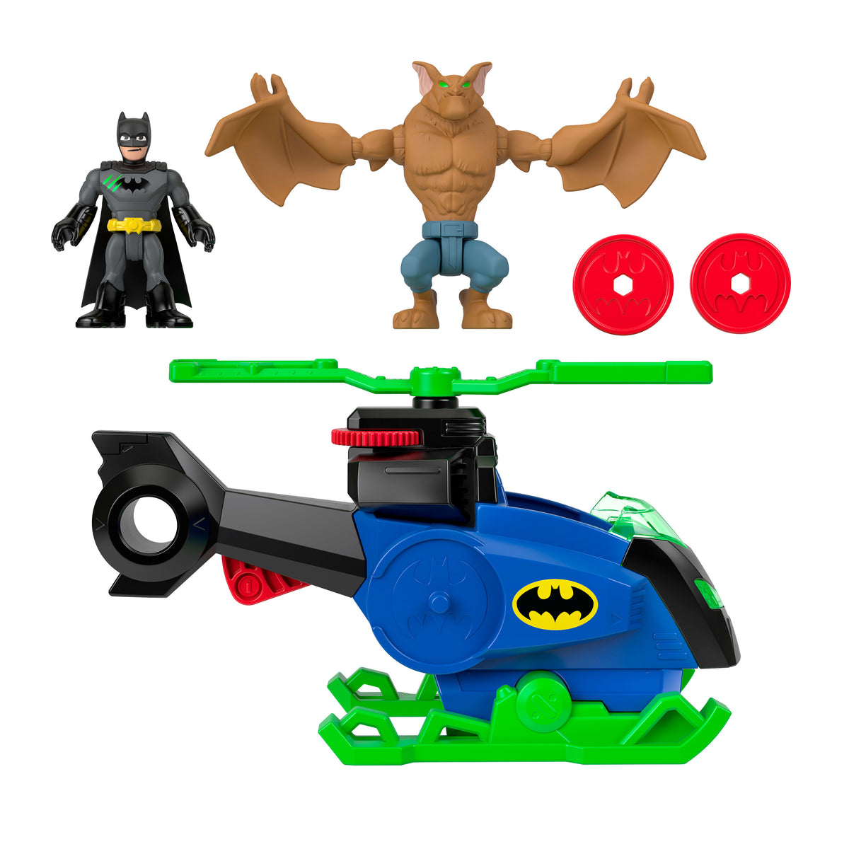 Imaginext DC Super Friends Batcopter ve Man-Bat oyun seti, Batman, Man-Bat, fırlatılabilir disk (Stiller çeşitlilik gösterebilir)