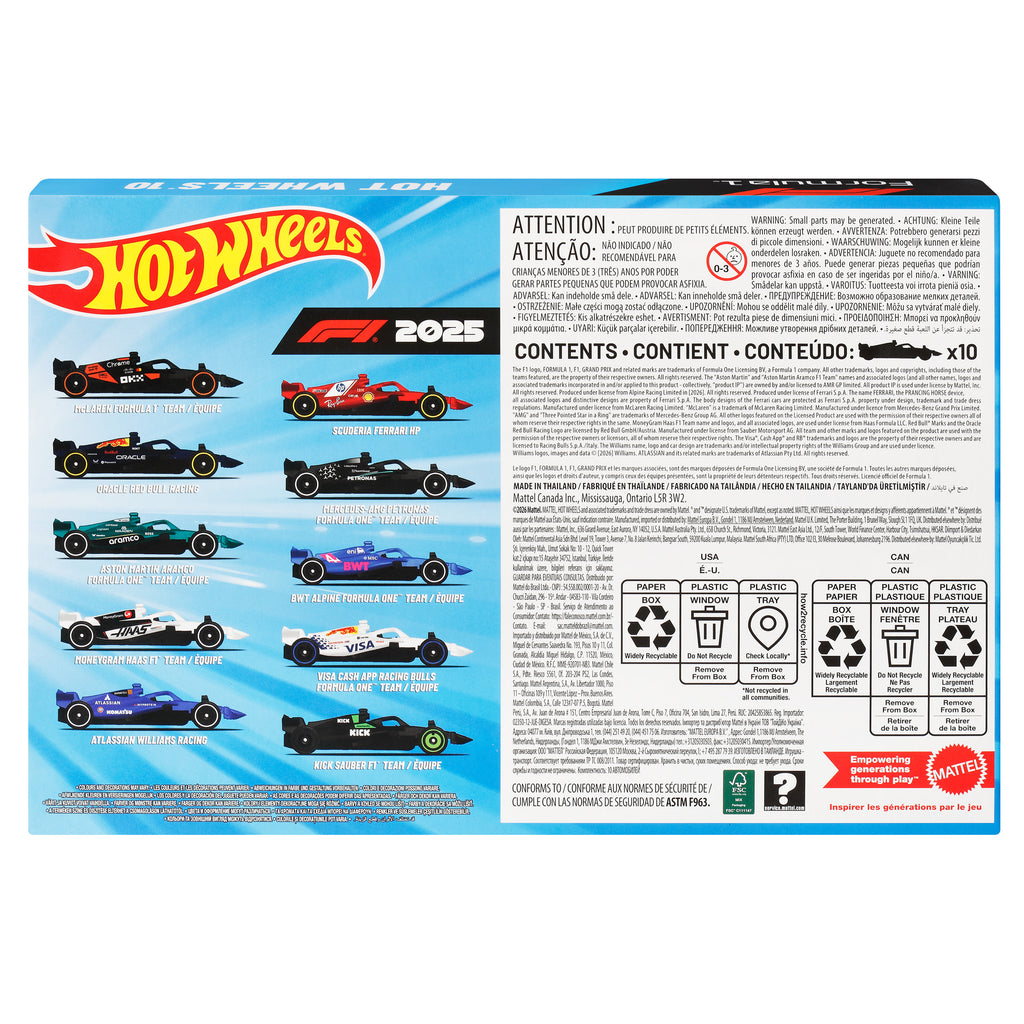 Hot Wheels Formula 1 10'lu Metal Araba Seti - 2025 Sezonu F1 Takımları 1:64 Ölçek