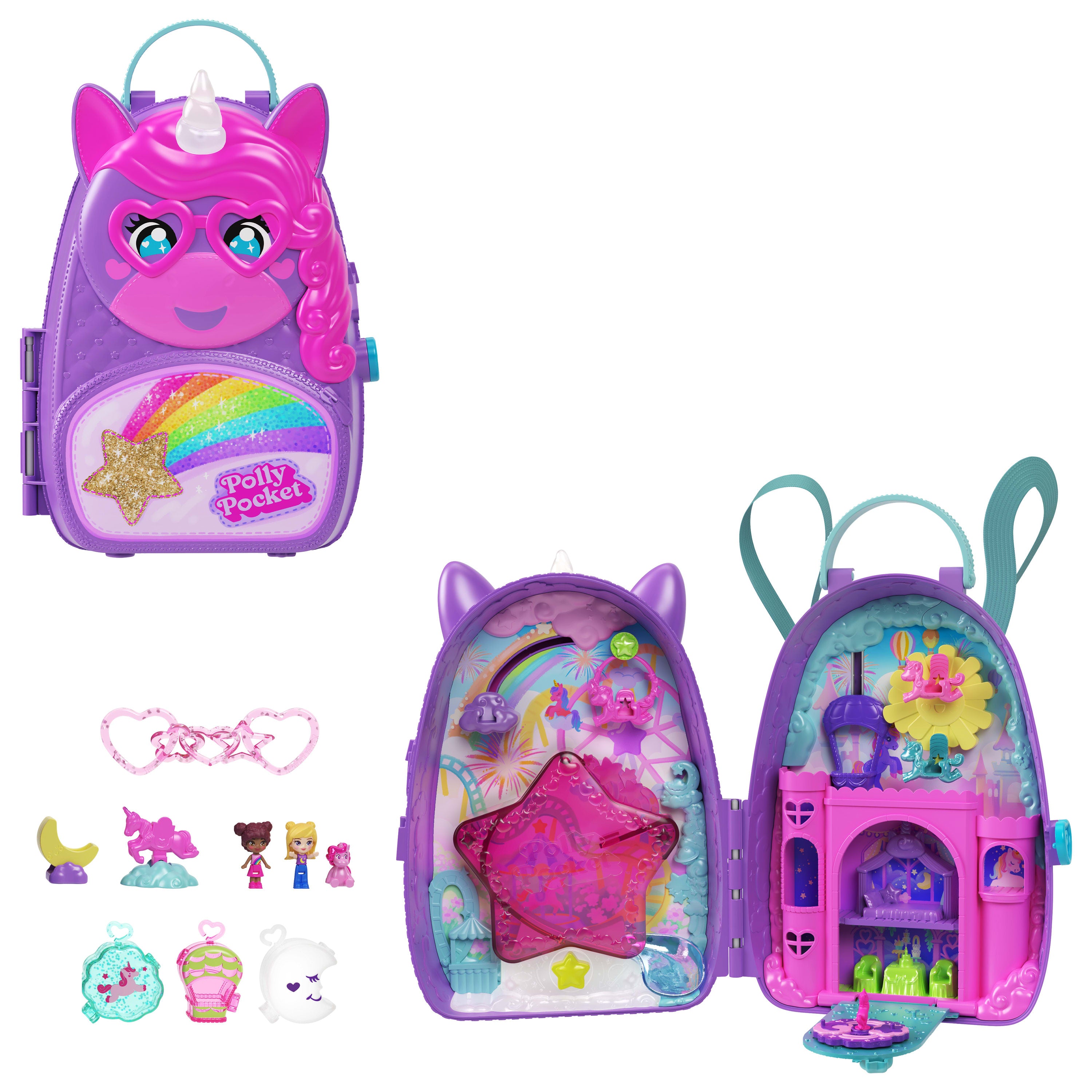 Polly Pocket Tek Boynuzlu At Seyahat Sırt Çantası oyun seti, 2 mini bebek ve renkli aksesuarlar, seyahat oyuncağı
