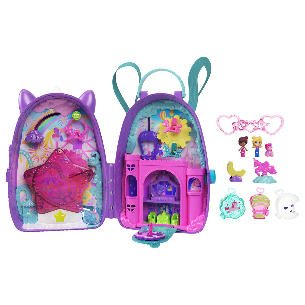 Polly Pocket Tek Boynuzlu At Seyahat Sırt Çantası oyun seti, 2 mini bebek ve renkli aksesuarlar, seyahat oyuncağı