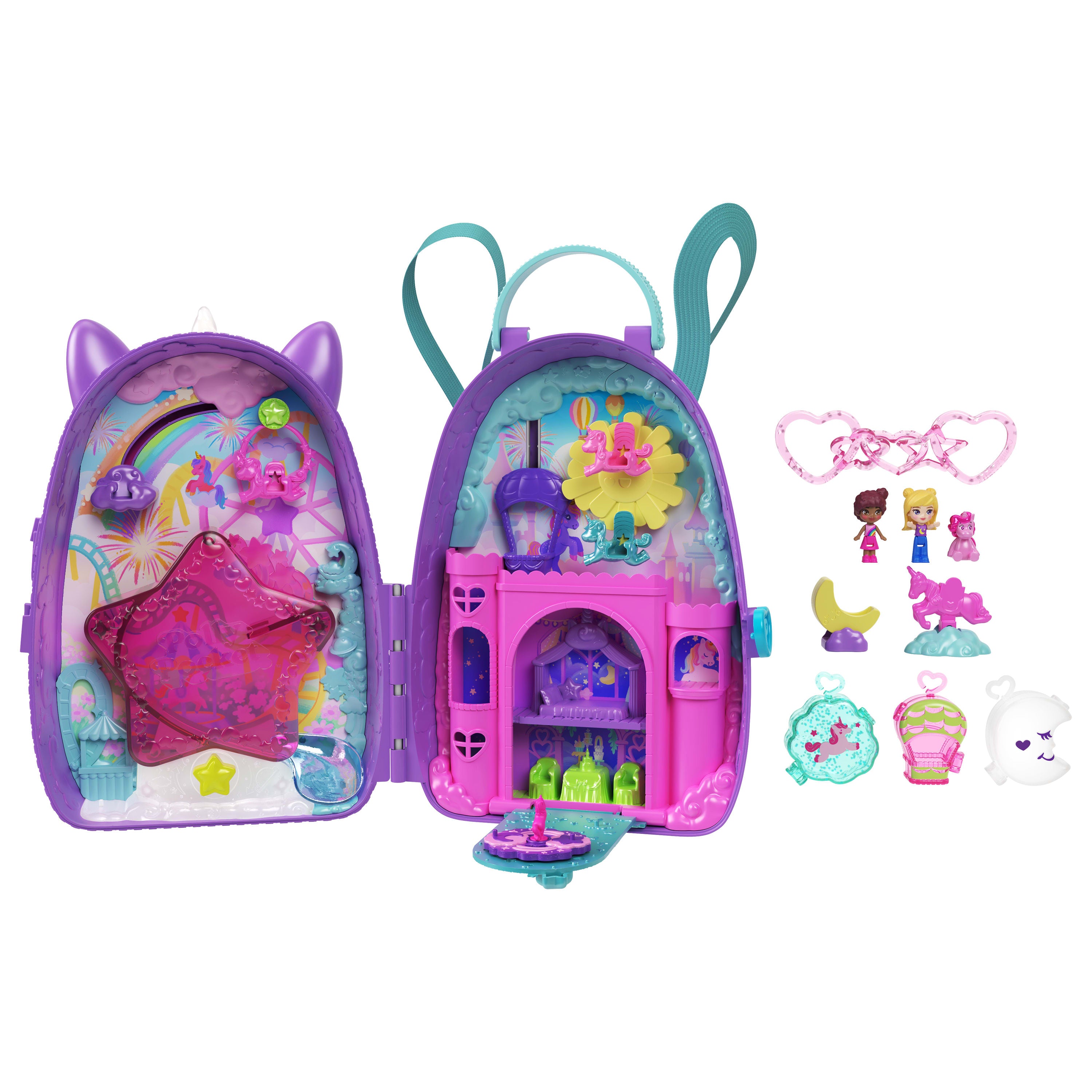 Polly Pocket Tek Boynuzlu At Seyahat Sırt Çantası oyun seti, 2 mini bebek ve renkli aksesuarlar, seyahat oyuncağı