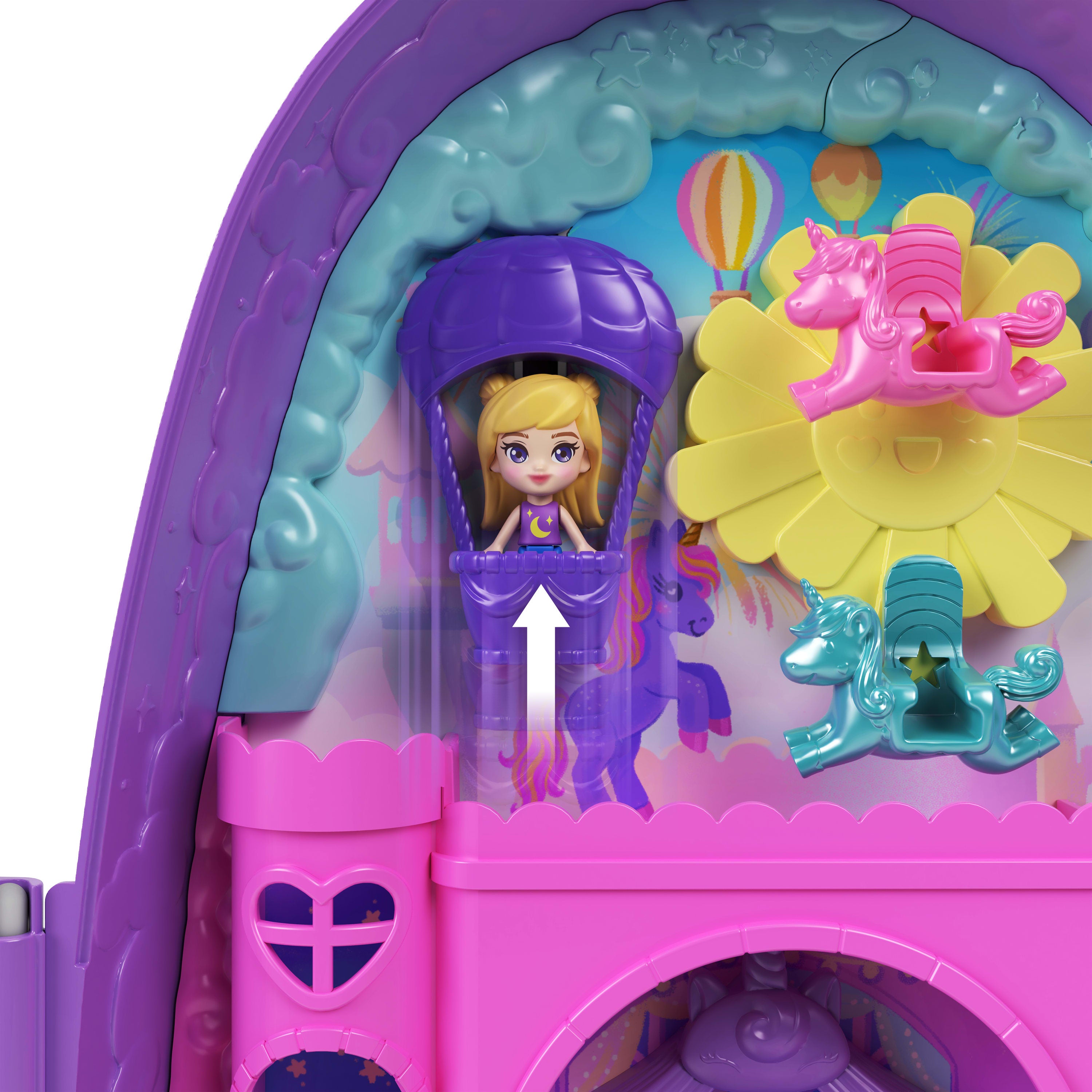 Polly Pocket Tek Boynuzlu At Seyahat Sırt Çantası oyun seti, 2 mini bebek ve renkli aksesuarlar, seyahat oyuncağı