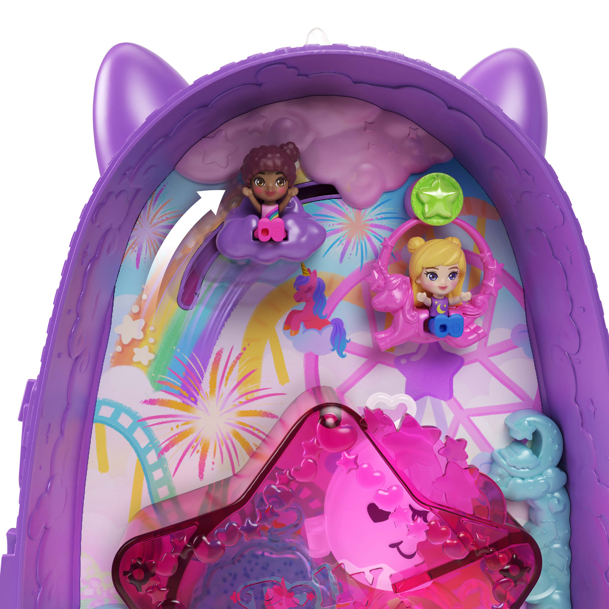 Polly Pocket Tek Boynuzlu At Seyahat Sırt Çantası oyun seti, 2 mini bebek ve renkli aksesuarlar, seyahat oyuncağı
