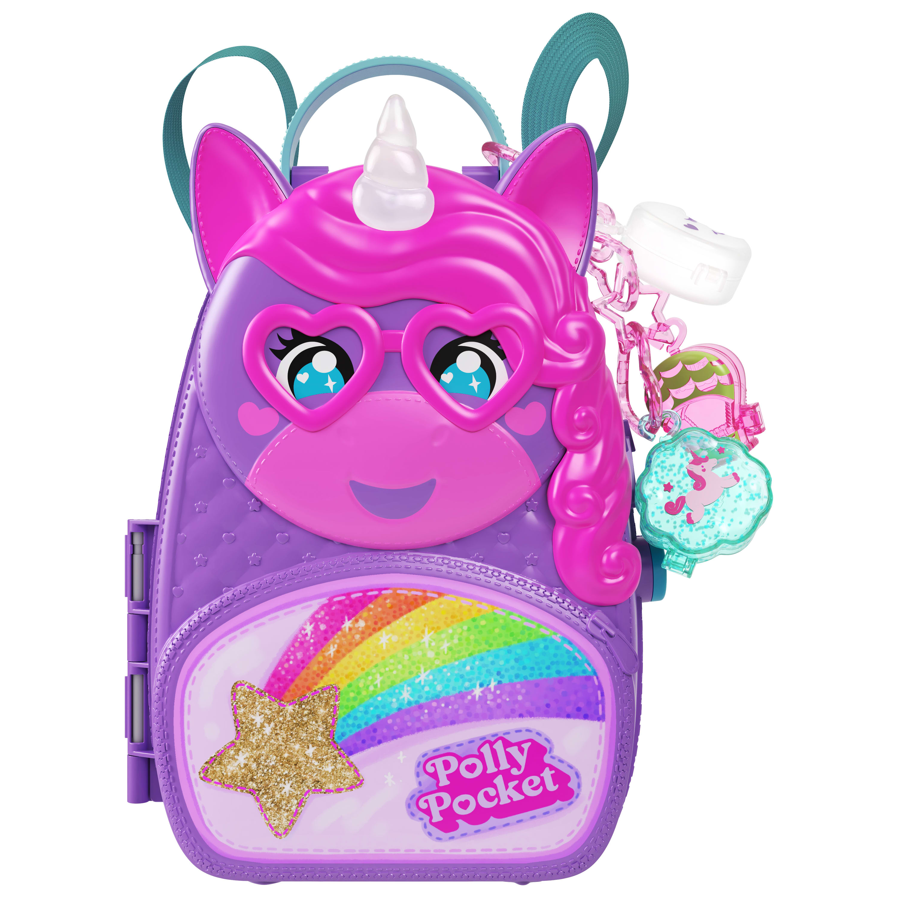 Polly Pocket Tek Boynuzlu At Seyahat Sırt Çantası oyun seti, 2 mini bebek ve renkli aksesuarlar, seyahat oyuncağı