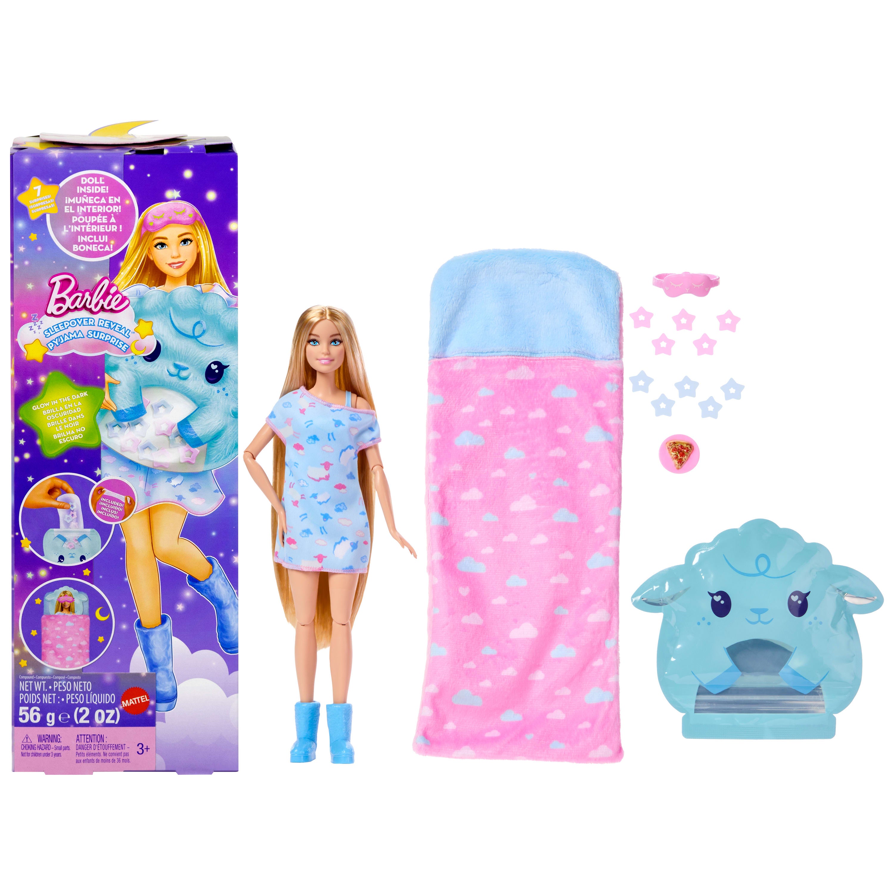 Barbie Parti Paketi Pijama Partisi serisi mavi pijamalı bebek, aksesuarlar ve 7 sürpriz