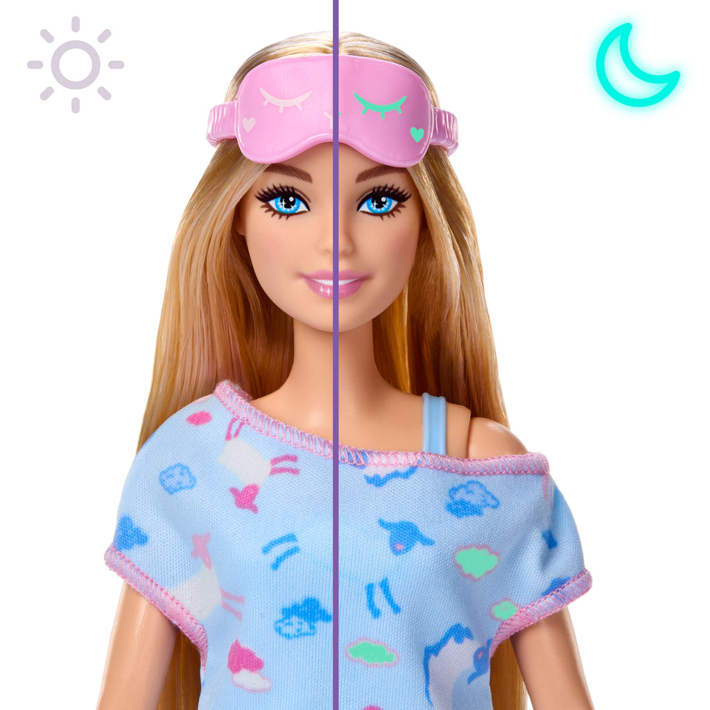 Barbie Parti Paketi Pijama Partisi serisi mavi pijamalı bebek, aksesuarlar ve 7 sürpriz