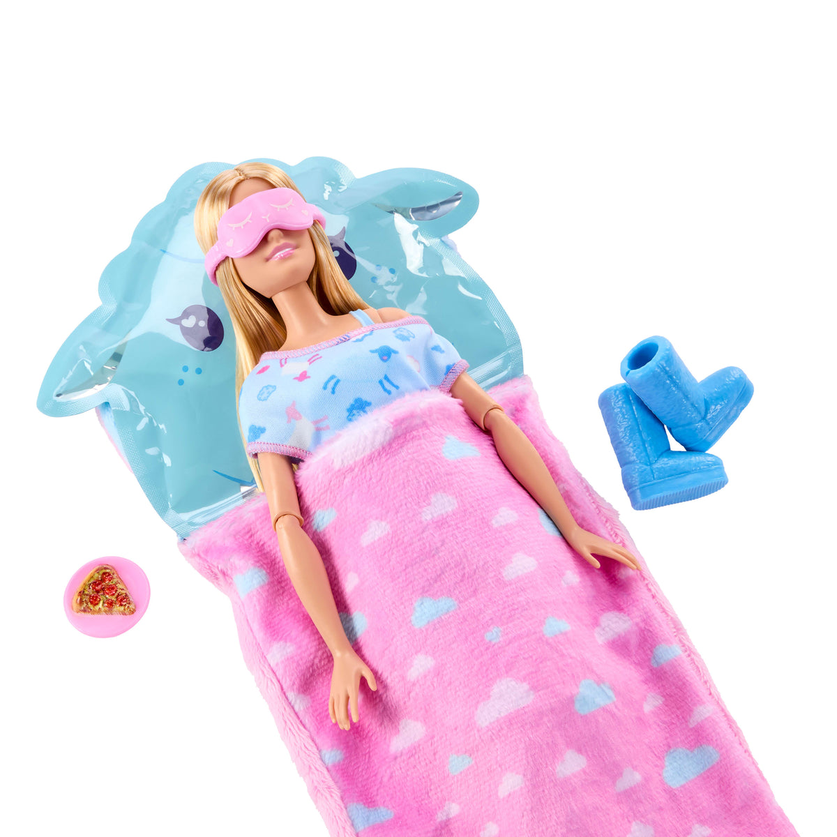 Barbie Parti Paketi Pijama Partisi serisi mavi pijamalı bebek, aksesuarlar ve 7 sürpriz