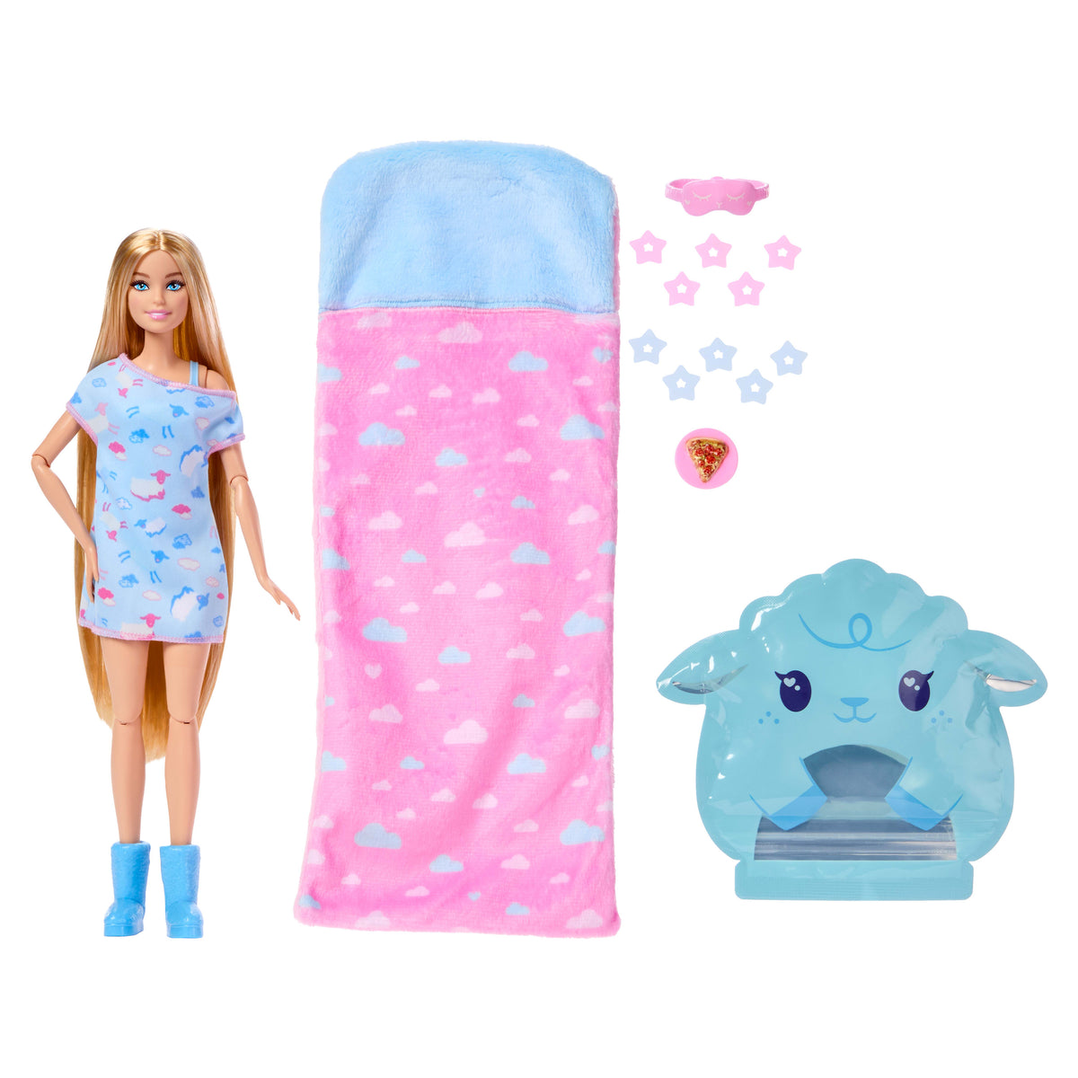 Barbie Parti Paketi Pijama Partisi serisi mavi pijamalı bebek, aksesuarlar ve 7 sürpriz
