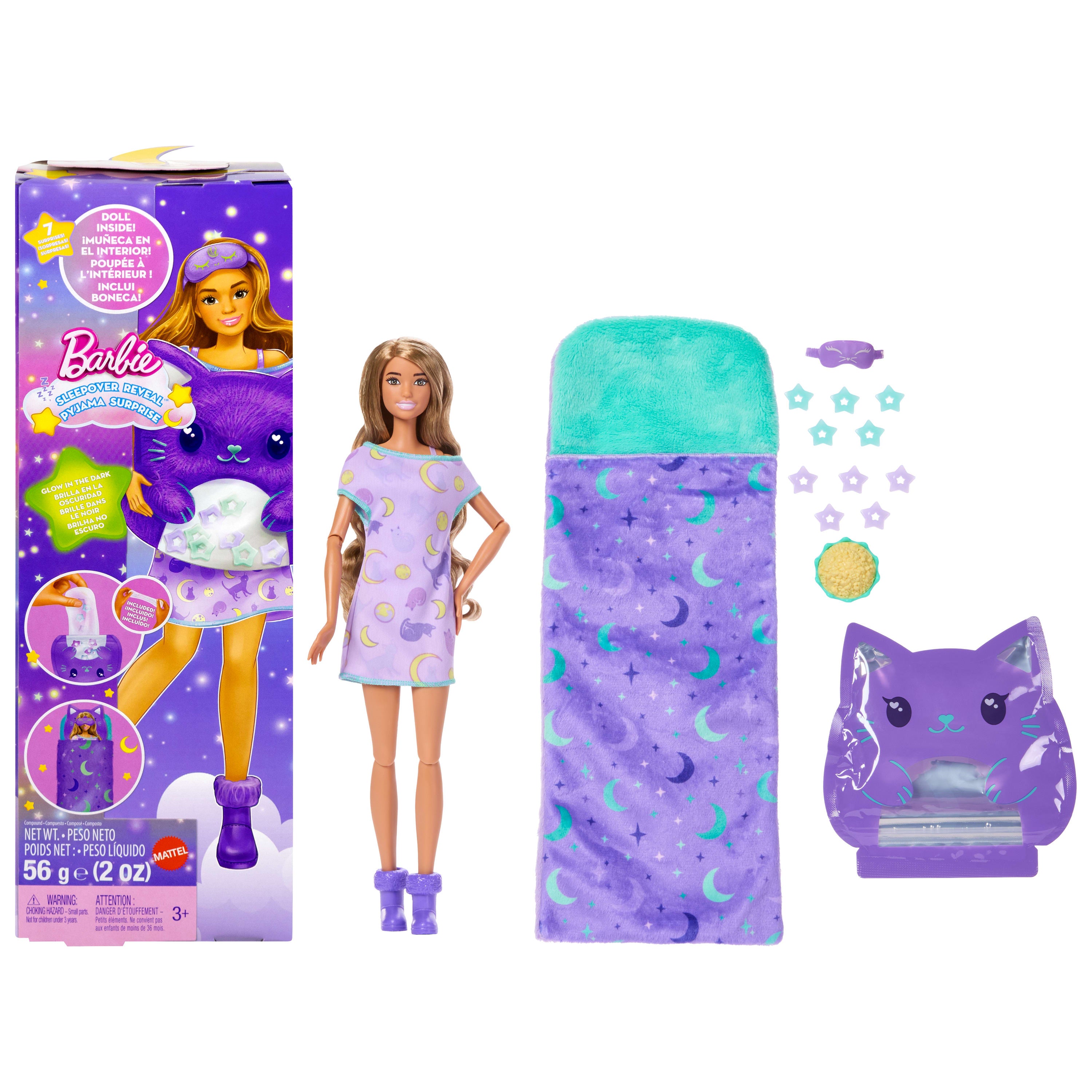 Barbie Parti Paketi Pijama Partisi serisi mor pijamalı bebek, aksesuarlar ve 7 sürpriz