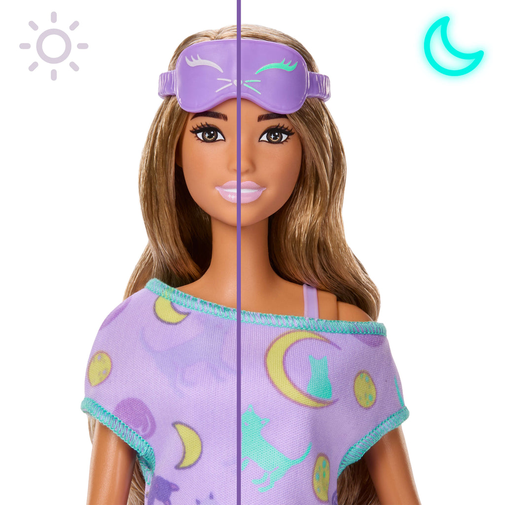Barbie Parti Paketi Pijama Partisi serisi mor pijamalı bebek, aksesuarlar ve 7 sürpriz