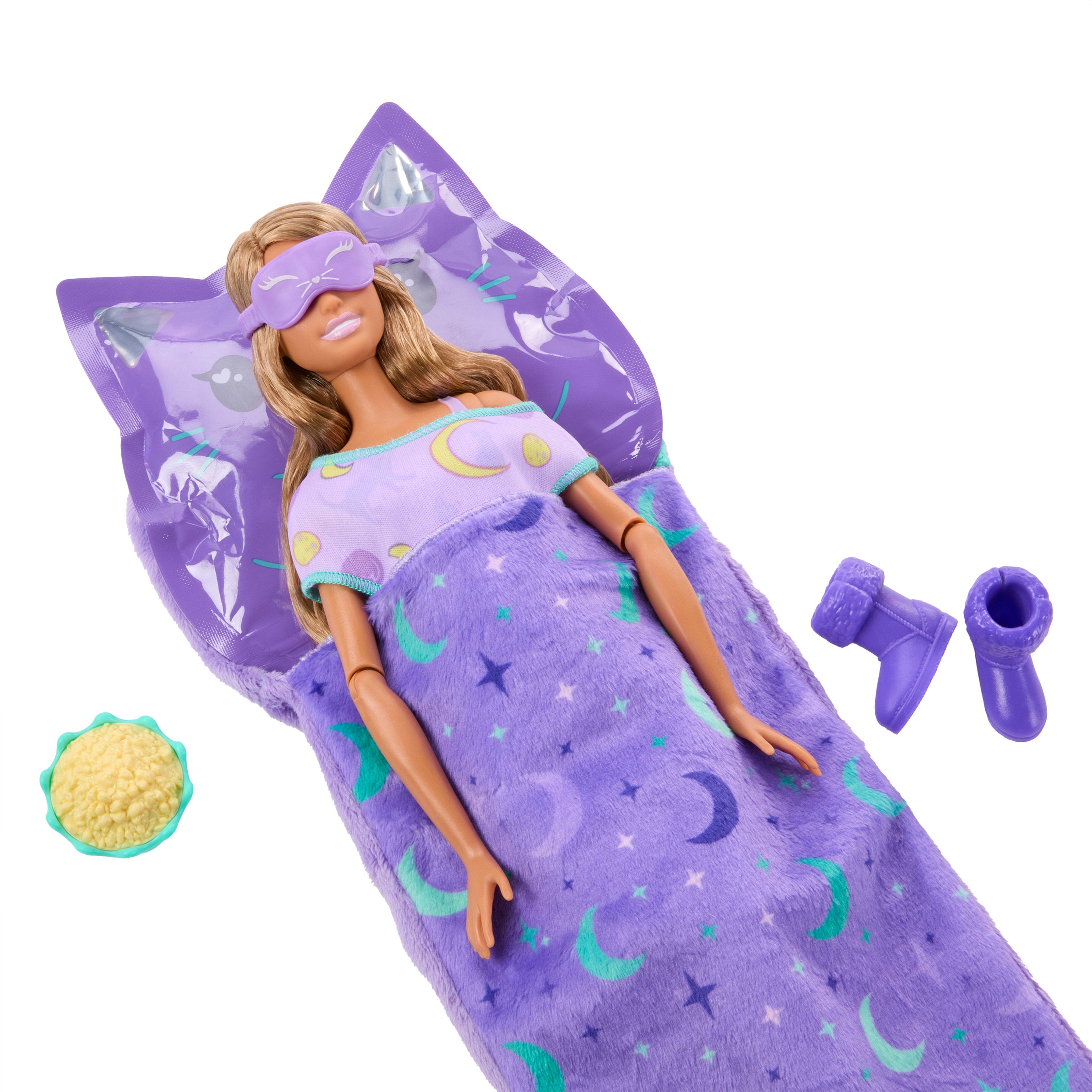 Barbie Parti Paketi Pijama Partisi serisi mor pijamalı bebek, aksesuarlar ve 7 sürpriz