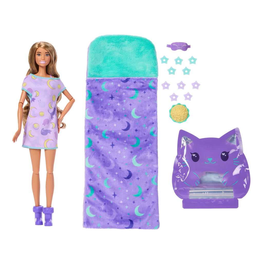 Barbie Parti Paketi Pijama Partisi serisi mor pijamalı bebek, aksesuarlar ve 7 sürpriz