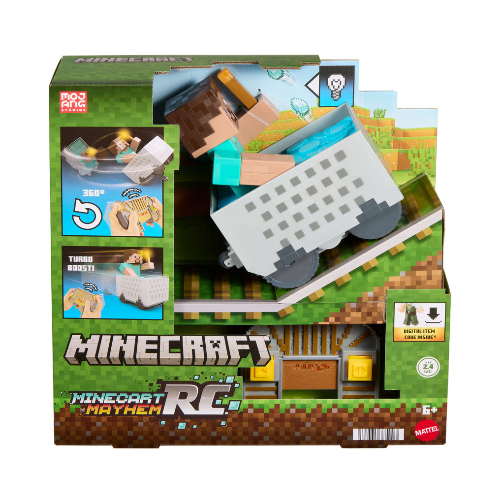 Ön kısmı kaldırma hareketi ve turbo hız özellikli, ışıklı Minecraft Uzaktan Kumandalı Minecart ve Steve, dijital kod