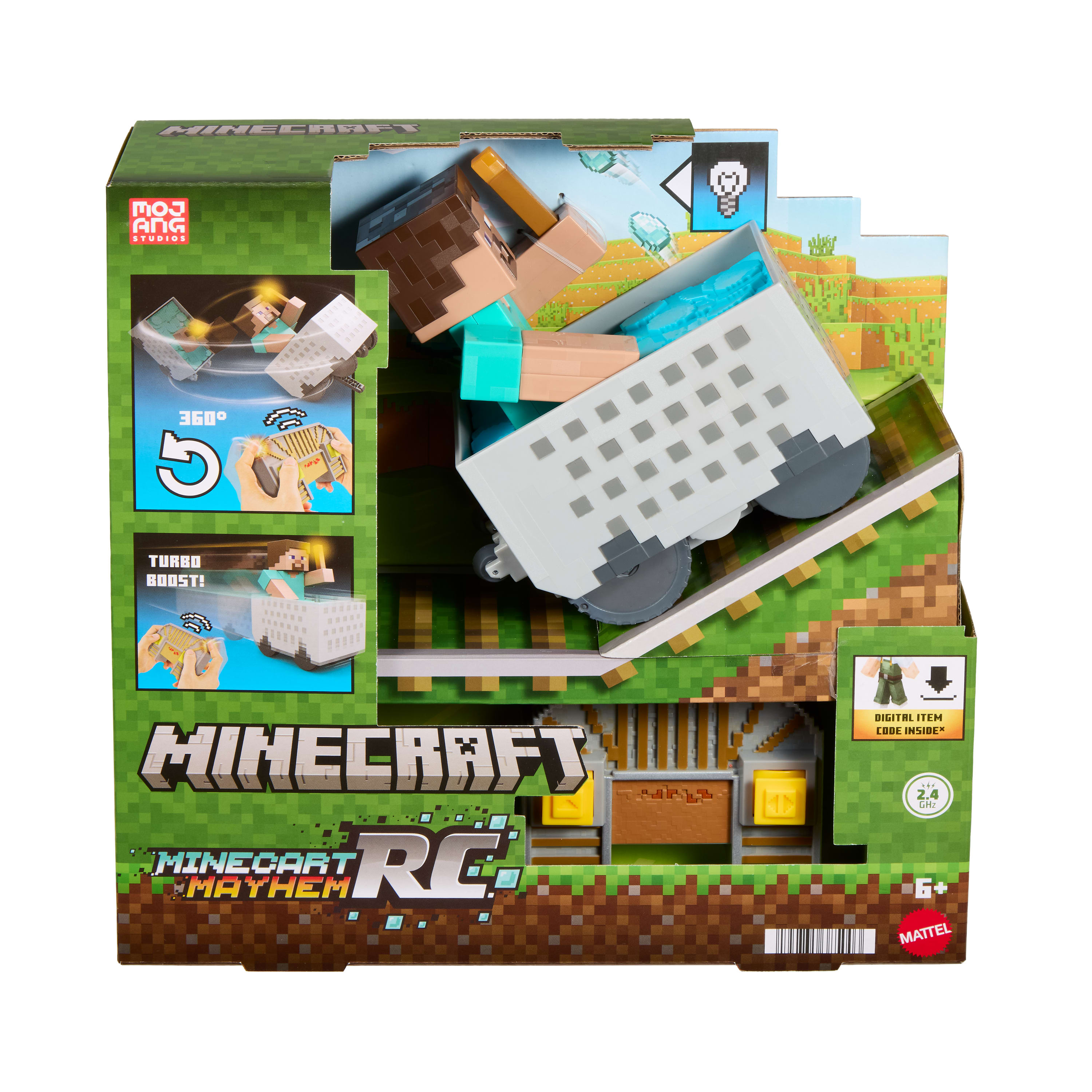 Ön kısmı kaldırma hareketi ve turbo hız özellikli, ışıklı Minecraft Uzaktan Kumandalı Minecart ve Steve, dijital kod